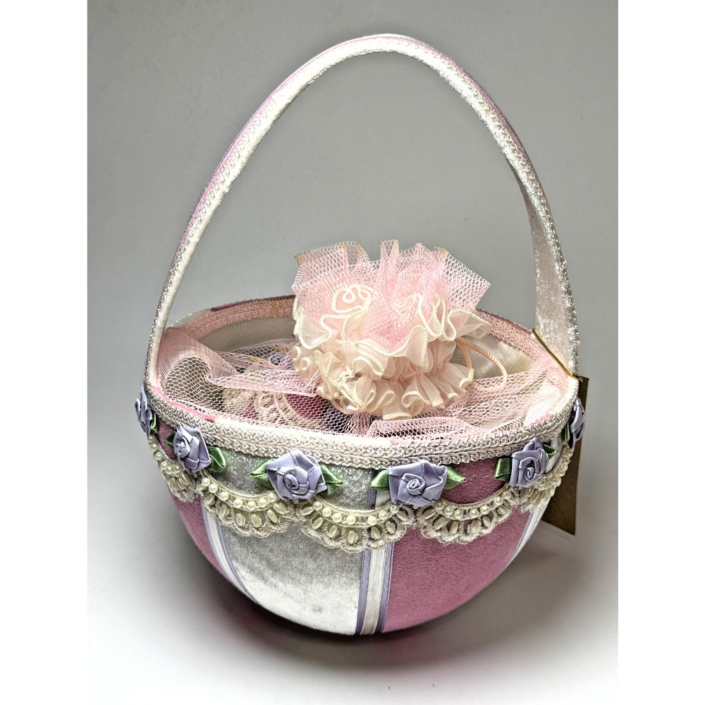 Timeless Treasures 7 Decorated Easter Eggs & Basket Purple Pink Velvet Rosettes - Picture 5 of 8